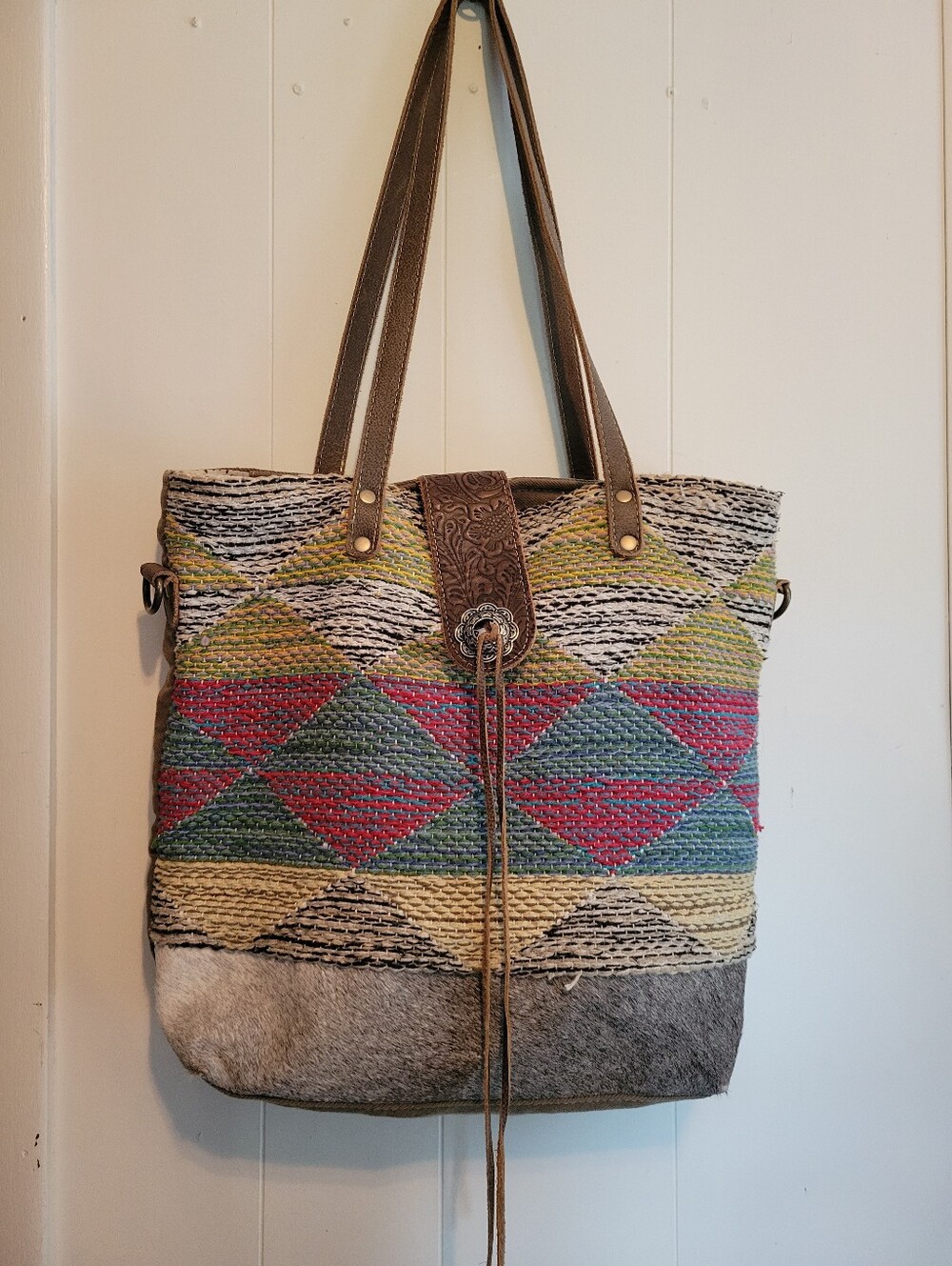 Myra Bag Muted Cones Upcycled Canvas Blanket Cow Hide Shoulder Tote Bag
